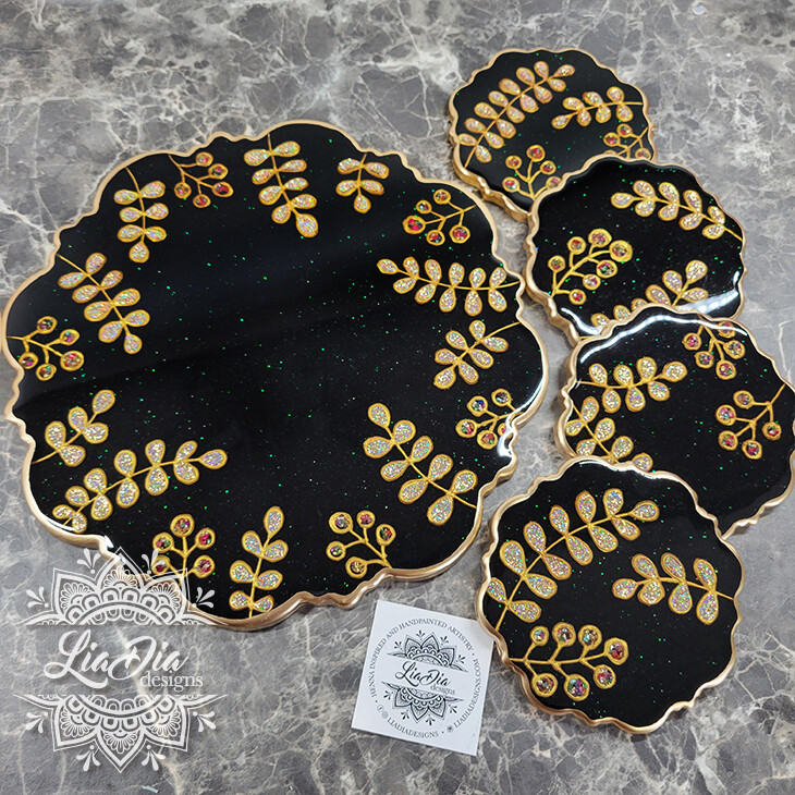 Glam Ferns &amp; Berries Tray and Coasters Set