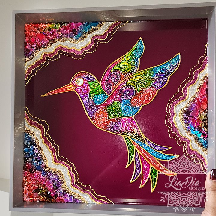Holographic Rainbow Geode Hummingbird - 13" Square Tray