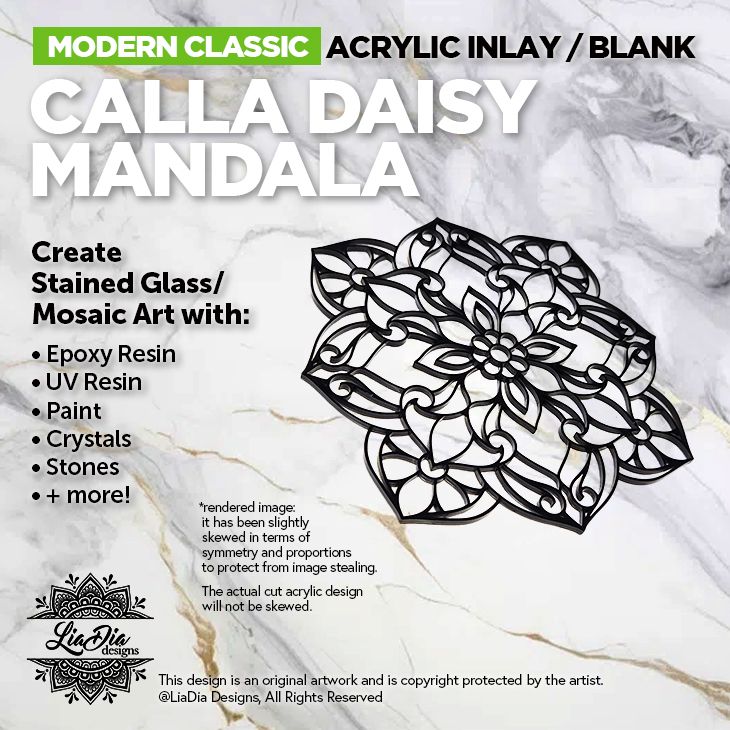 Modern Classic - Calla Daisy Mandala - Inlay/ Silhouette  - 7" Round Black Acrylic Blank