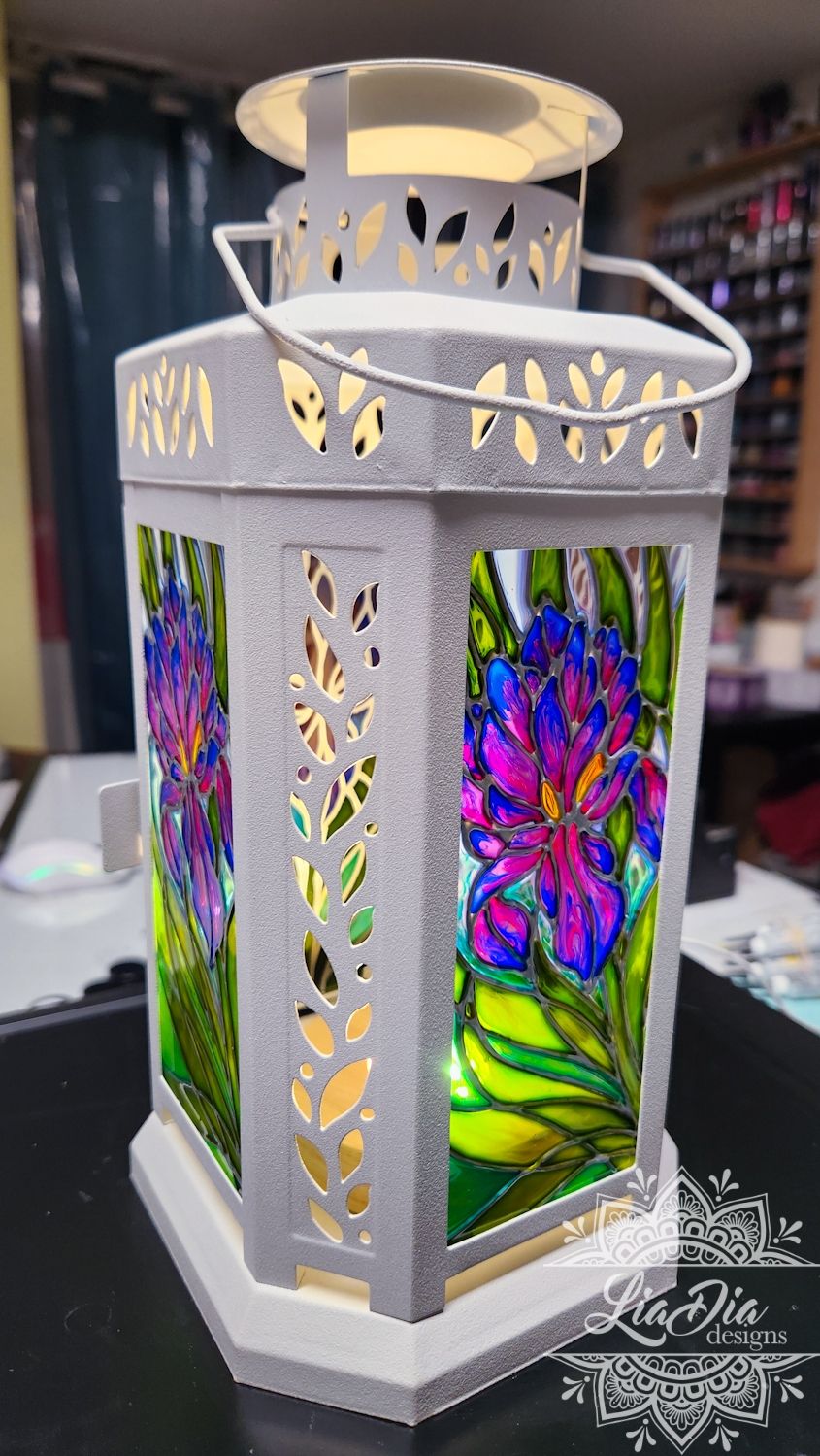 Iris Lantern - Handpainted Stained Glass Style Art- LED light included
