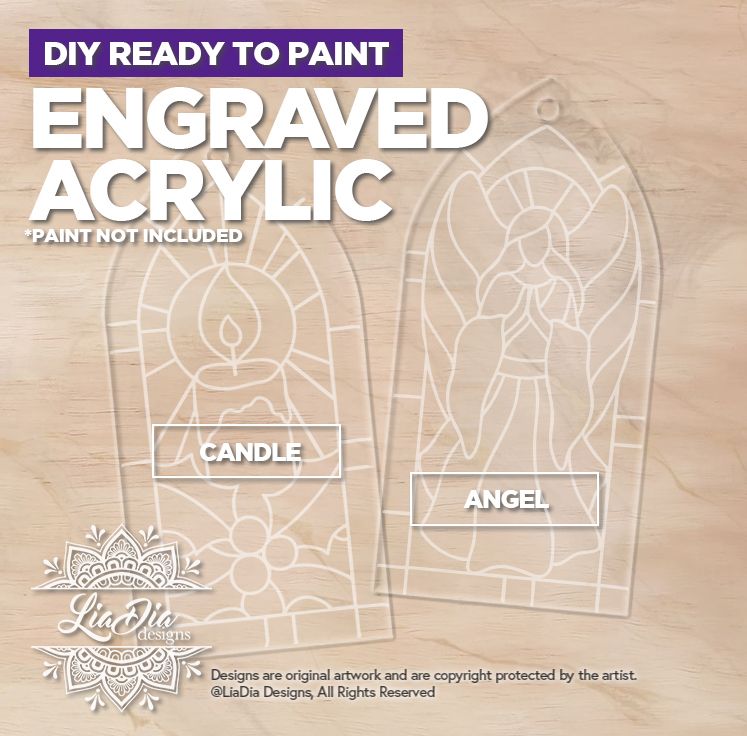 Engraved Acrylic - Candle &amp; Angel - Stained Glass Style Suncatchers *Paint not included