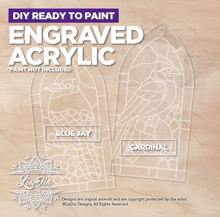 Engraved Acrylic - Blue Jay &amp; Cardinal - Stained Glass Style Suncatchers *Paint not included