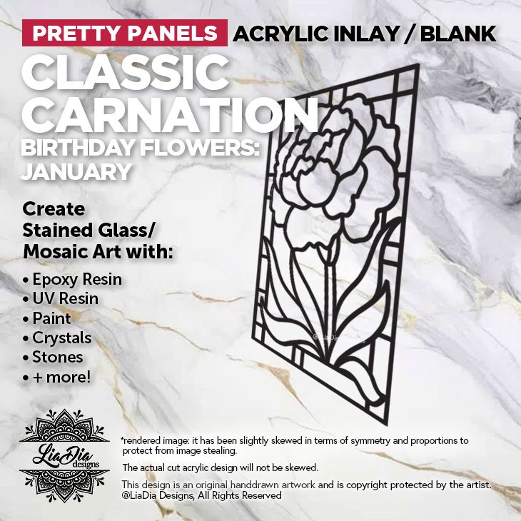 Birthday Flowers - January - Classic Carnation - 7" Black Acrylic Silhouette for Glass Paints or Resin Art