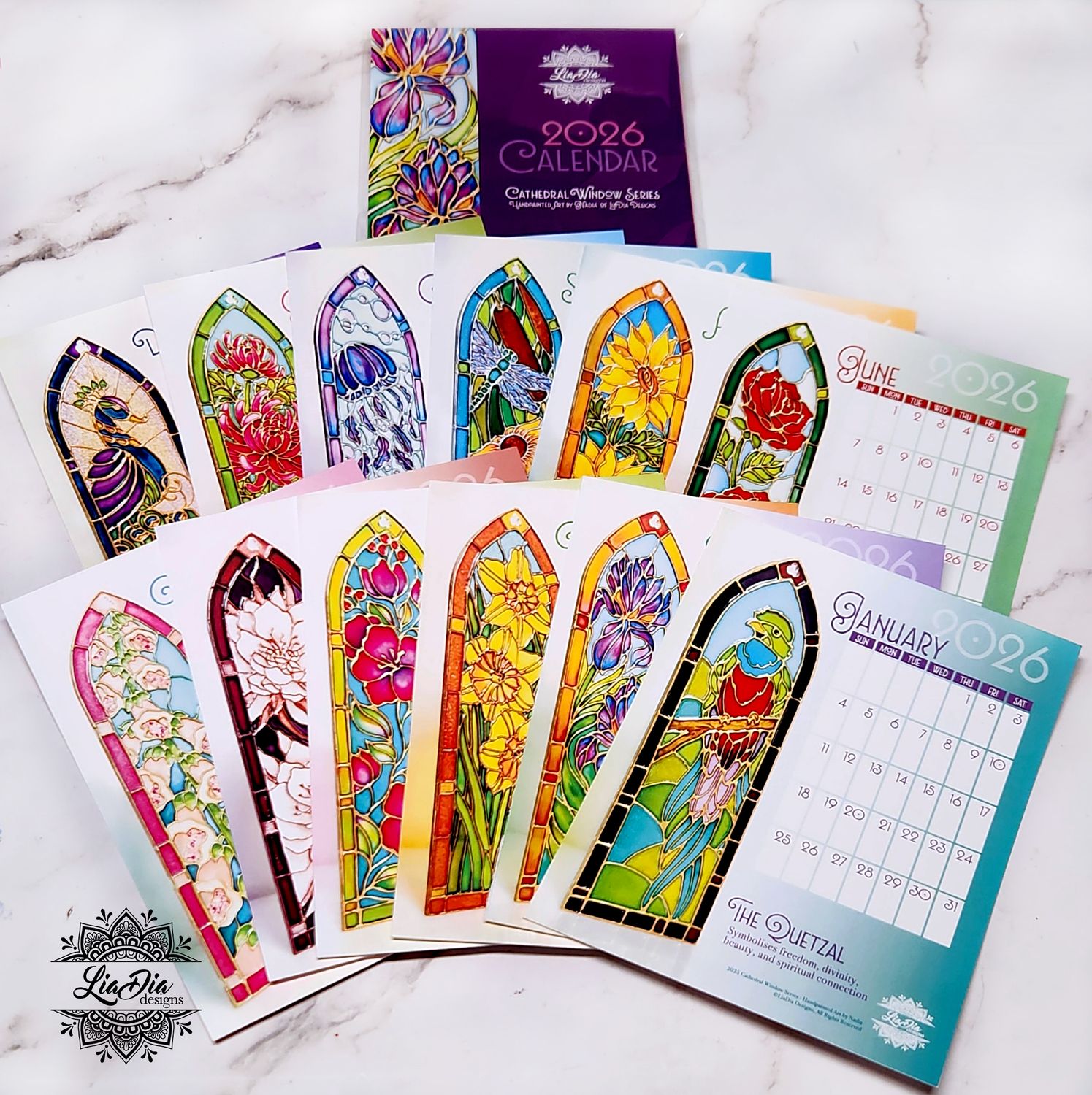 LiaDia Designs 2026 Cathedral Window Calendar - 5x7 Postcard Style Calendar (future use as bookmarks!*)