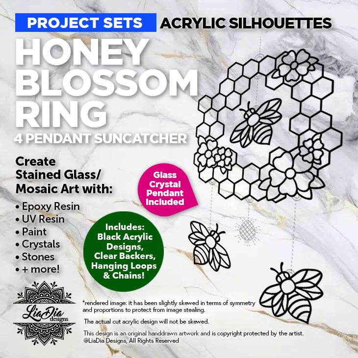Project Sets - 8" Honey Blossom Ring - Suncatcher Mobile | 4 hanging pendants - 3 Bees, 1 Glass Crystal - Acrylic Silhouette Ready for Resin or Paint