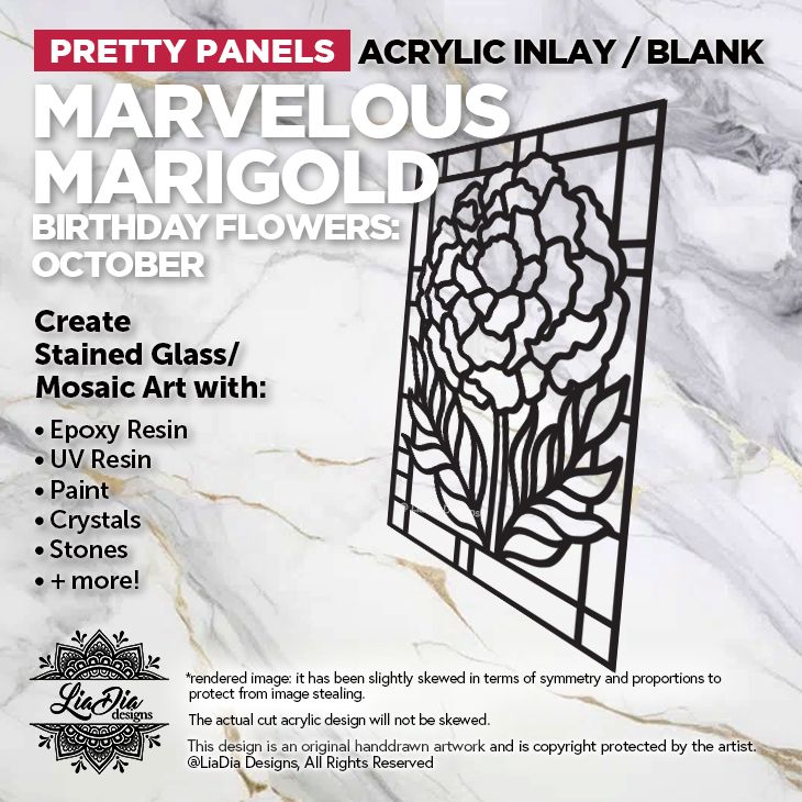 Birthday Flowers - October - Marvelous Marigold - 7" Black Acrylic Silhouette for Glass Paints or Resin Art