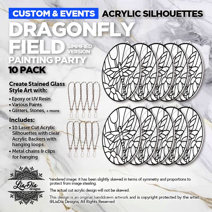 Party Pack - 10 Dragonfly Field Acrylic Silhouettes with Clear Backers attached  - Special Size 5.75" - Free Shipping!*