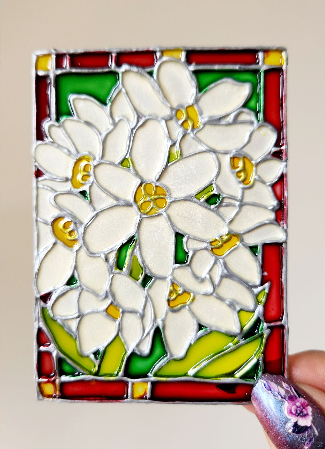 Mini Art - ACEO - Birthday Flowers Series - December's Narcissus - Handpainted Stained Glass Style Painting