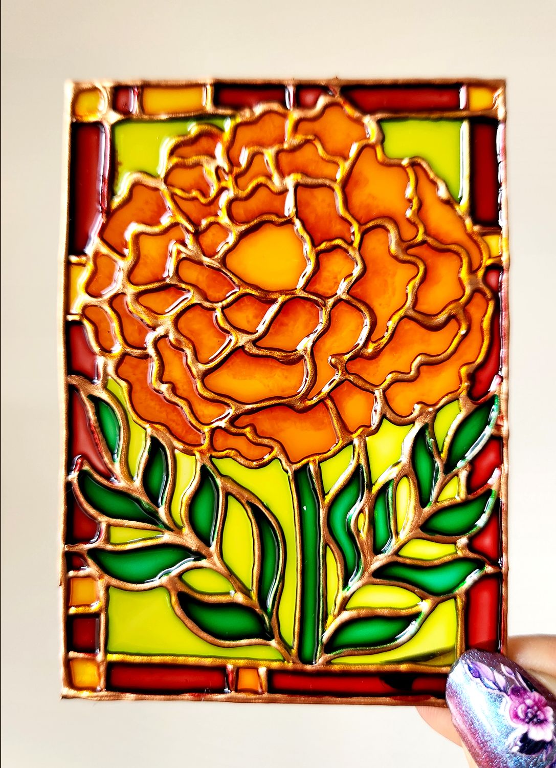 Mini Art - ACEO - Birthday Flowers Series - October's Marigold - Handpainted Stained Glass Style Painting