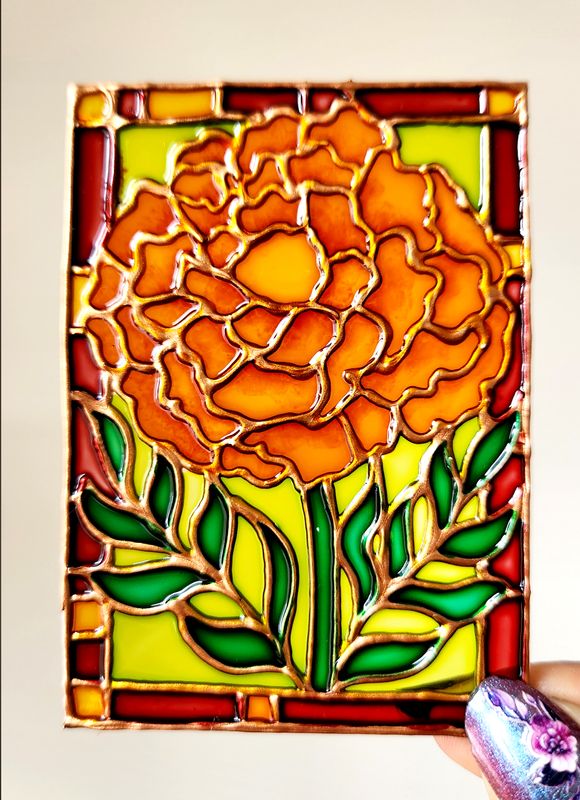 Mini Art - ACEO - Birthday Flowers Series - October's Marigold - Handpainted Stained Glass Style Painting
