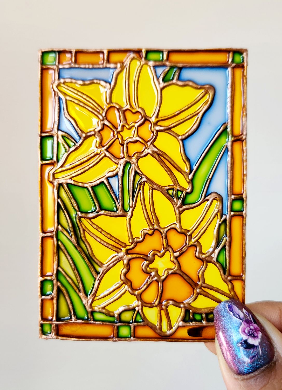 Mini Art - ACEO - Birthday Flowers Series - March's Daffodils - Handpainted Stained Glass Style Painting