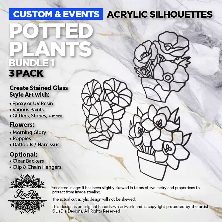 Potted Plants Bundle 1 - Morning Glory, Poppies, Daffodils / Narcissus - 4" Black Acrylic Silhouette for Glass Paints or Resin Art
