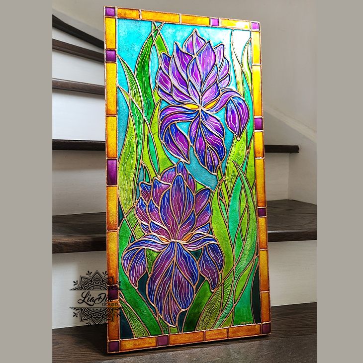 Handpainted Stained Glass Wood Canvas - Irises