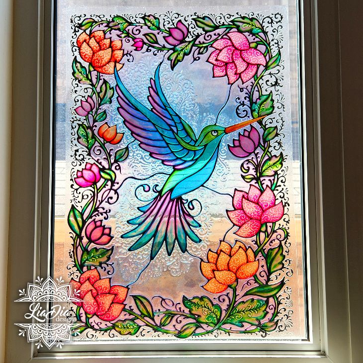 Handpainted Stained Glass  - Enchanted Hummingbird