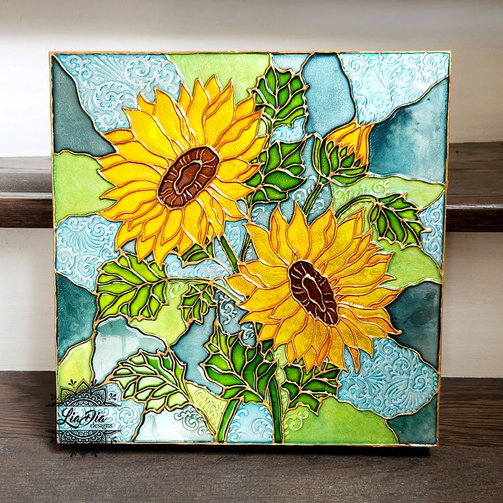 Handpainted Stained Glass Wood Canvas - Sunflowers