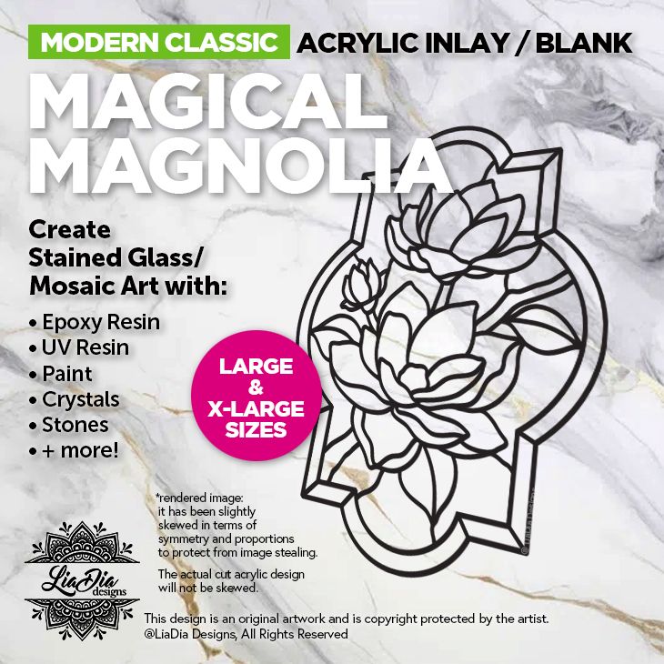 Modern Classic - Magical Magnolia - Stained Glass Silhouette - 2 sizes - Large 11" or X-Large 14.25" - Black Acrylic Template