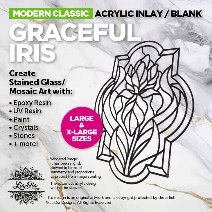 Modern Classic - Graceful Iris - Stained Glass Silhouette - 2 sizes - Large 11" or X-Large 14.25" - Black Acrylic Template