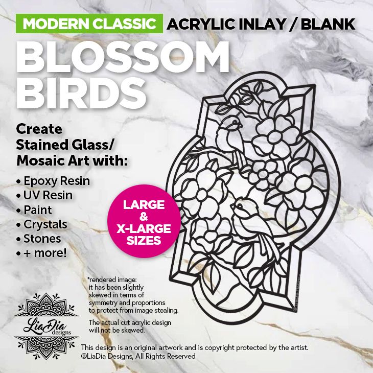 Modern Classic - Blossom Birds - Stained Glass Silhouette - 2 sizes - Large 11" or X-Large 14.25" - Black Acrylic Template