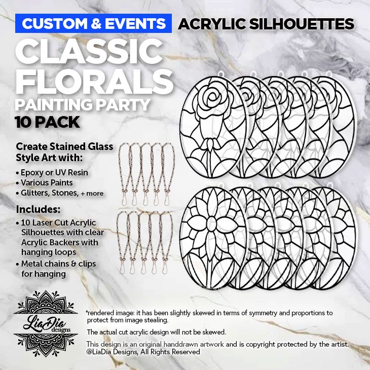 Party Pack - 10 Classic Florals - Stained Glass Acrylic Silhouettes with Clear Backers - Special Size 5.75" - Free Shipping!*