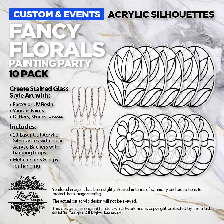 Party Pack - 10 Fancy Florals - Stained Glass Acrylic Silhouettes with Clear Backers - Special Size 5.75" - Free Shipping!*