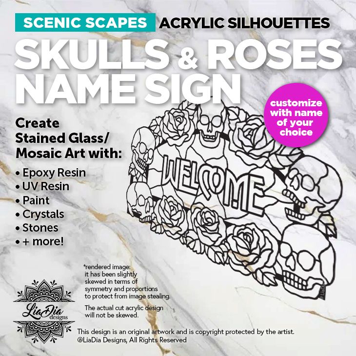 Modern Classic - Name Sign - Skulls &amp; Roses - Add Paint or Resin - Personalize with Name - 2 Size options