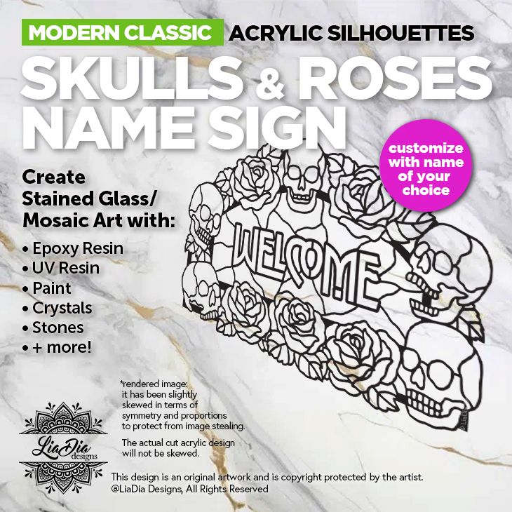 Modern Classic - Name Sign - Skulls &amp; Roses - Add Paint or Resin - Personalize with Name - 2 Size options