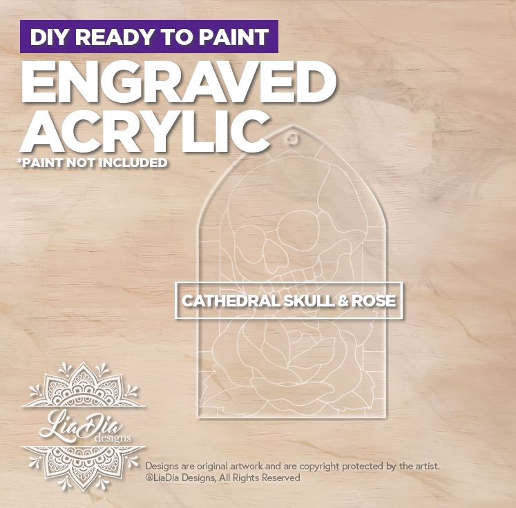 Engraved Acrylic - Cathedral Skull &amp; Rose - Stained Glass Painting Suncatcher Template *Paint not included