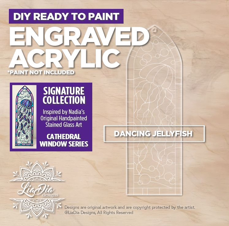 Engraved Acrylic - Dancing Jellyfish - Stained Glass Painting Template - Signature Collection *Paint not included