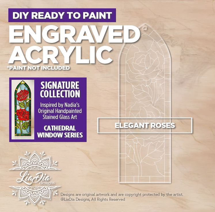 Engraved Acrylic - Elegant Roses - Stained Glass Painting Template - Signature Collection *Paint not included
