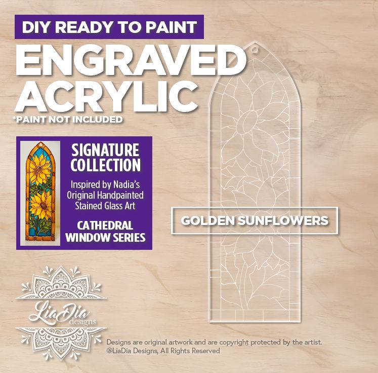 Engraved Acrylic - Golden Sunflowers - Stained Glass Painting Template - Signature Collection *Paint not included