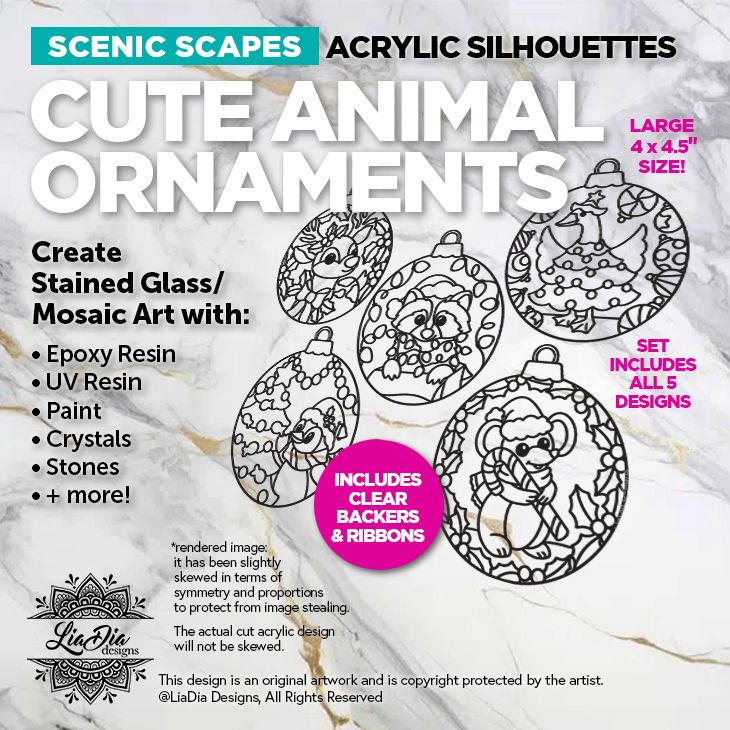 Ornament Sets  - Cute Animals - Set of 5 - Laser Cut Silhouettes - Large size 4 x 4.5" - Clear Backers and Ribbons Included