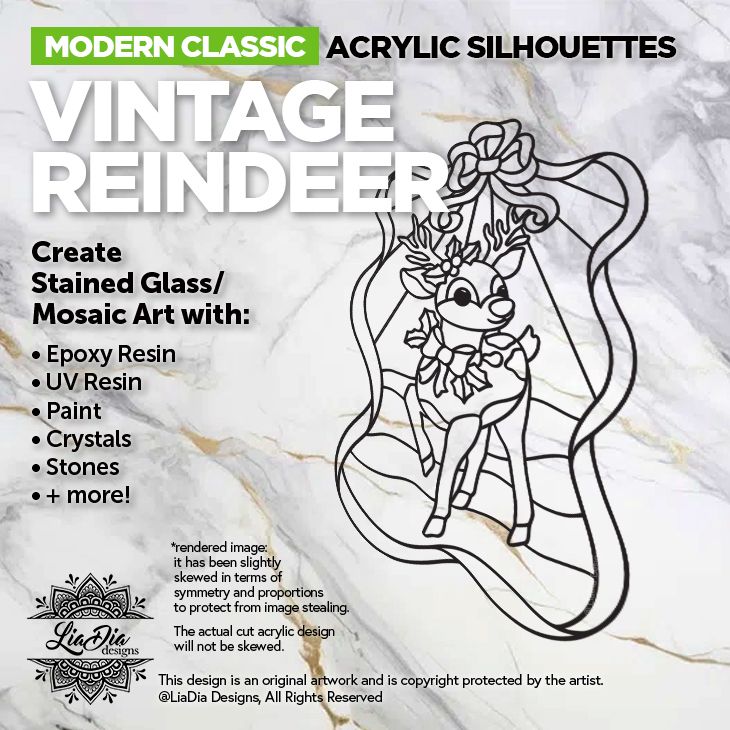 Modern Classic - Vintage Reindeer - Christian Christmas Stained Glass Style Art - Inlay / Silhouette - 9.25" x 6.25" Black Acrylic Blank