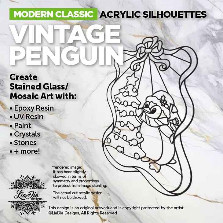 Modern Classic - Vintage Penguin - Christian Christmas Stained Glass Style Art - Inlay / Silhouette - 9.25" x 6.25" Black Acrylic Blank
