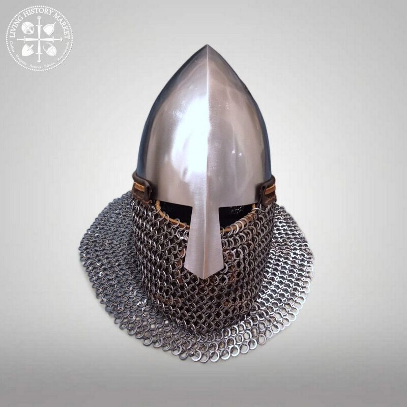 "Norman" Nasal helmet with hidden face grid and neck protection + full aventail 10mm diameter riveted rings - 10 - 11th century