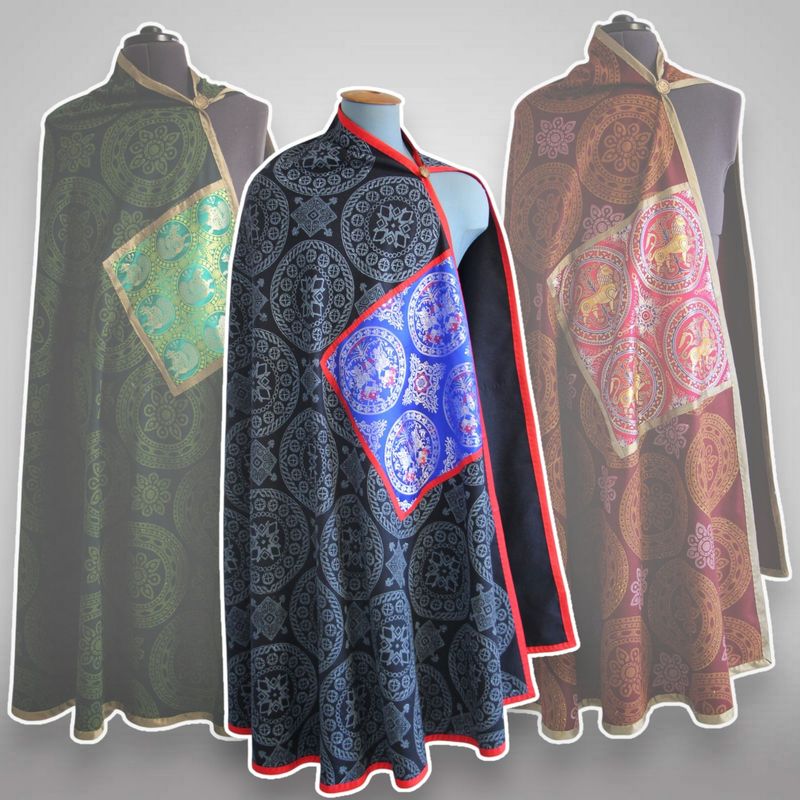 Half circle shaped wool cape with stamps & tablion (brocade silk pannel)