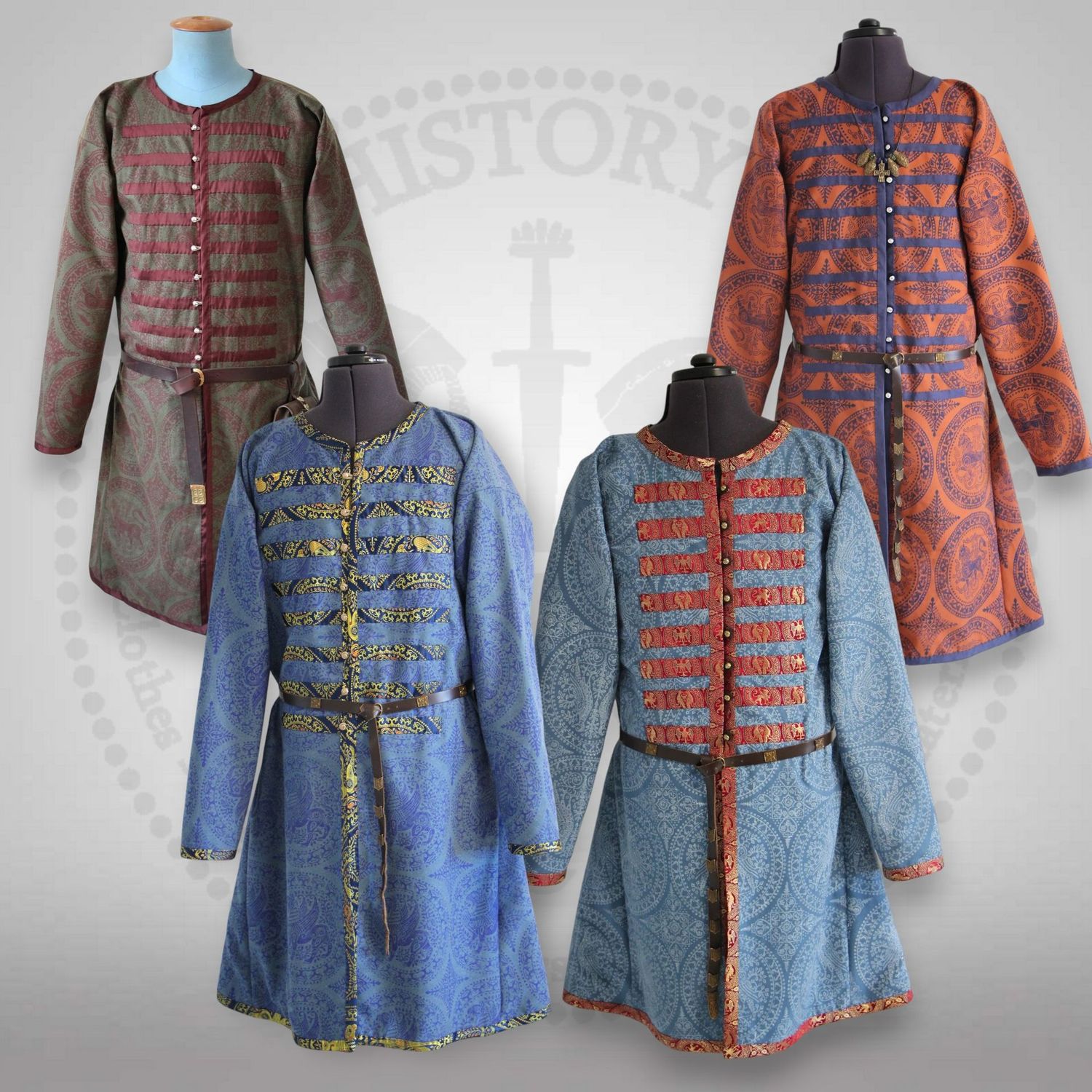 Wool caftan with historical stamps and silk / silk brocade stripes