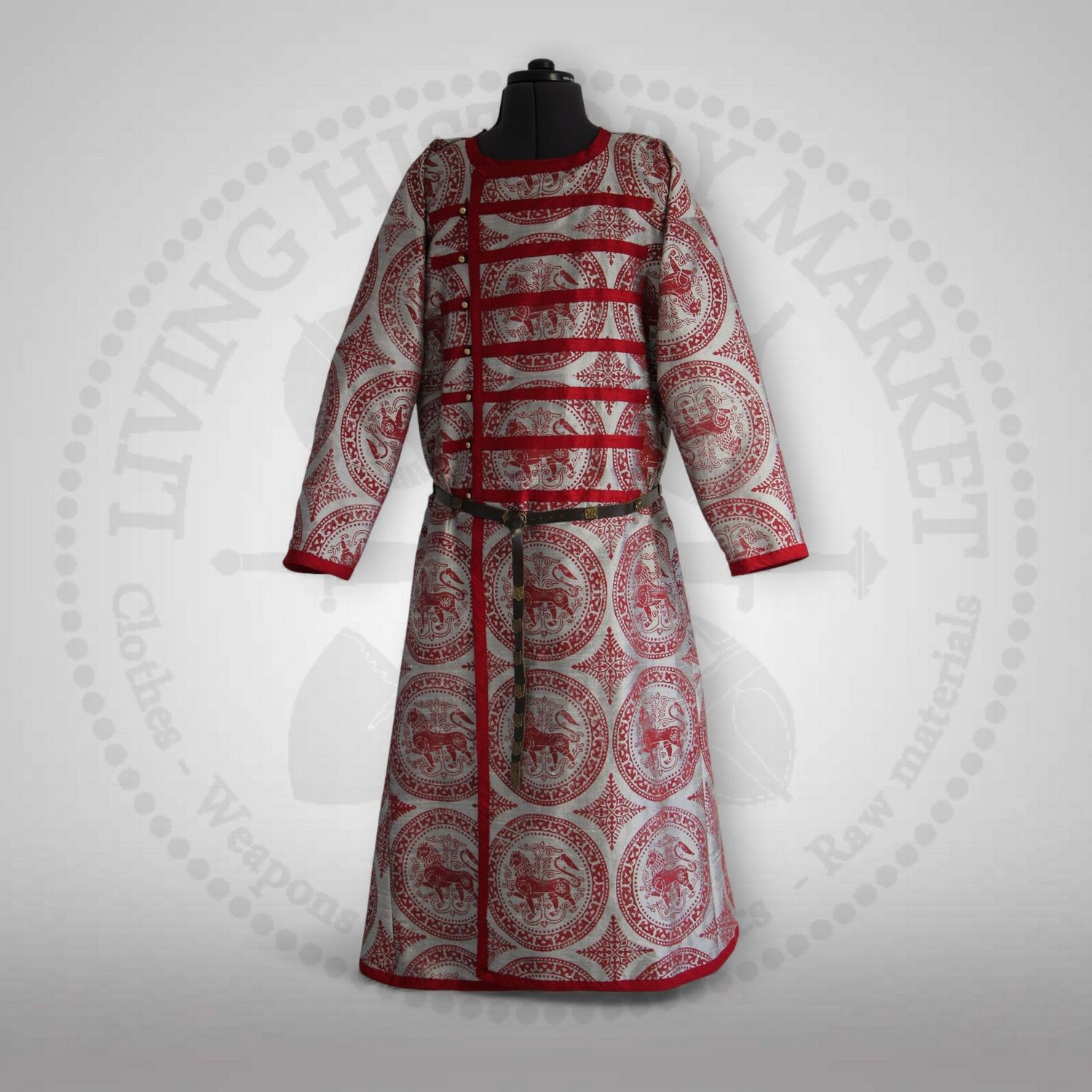 Assymetrical flap caftan with historical stamps / Full silk
