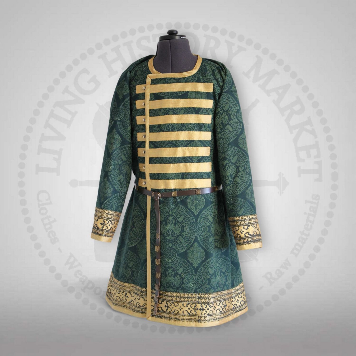 Rus premium caftan with historical stamps and monochrome silk applications