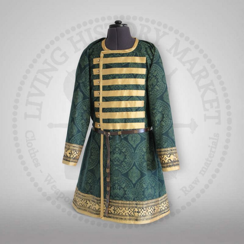 Rus premium caftan with historical stamps and monochrome silk applications