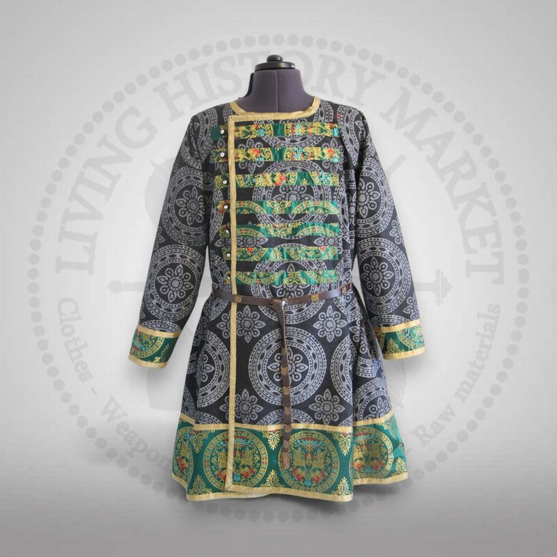 Assymetrical caftan with stamps, brocade silk & pectoral stripes