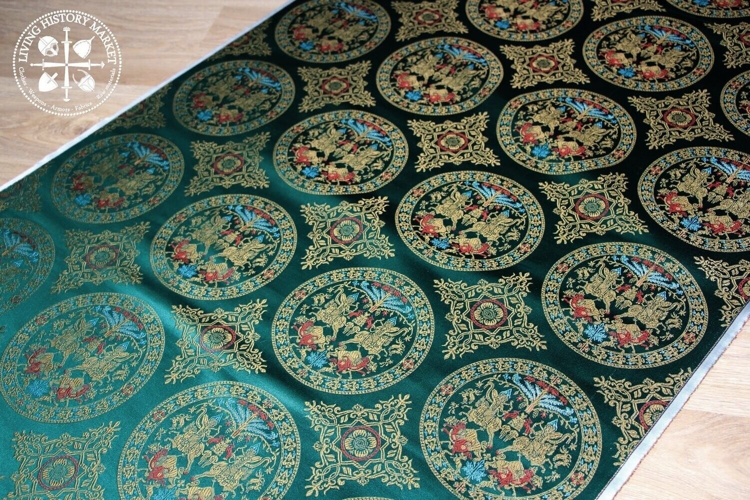 Bahram Gur Hunt  silk - Saint Calais - San Ambrogio - Saint Cuthbert  - 7/10 century GREEN VERSION