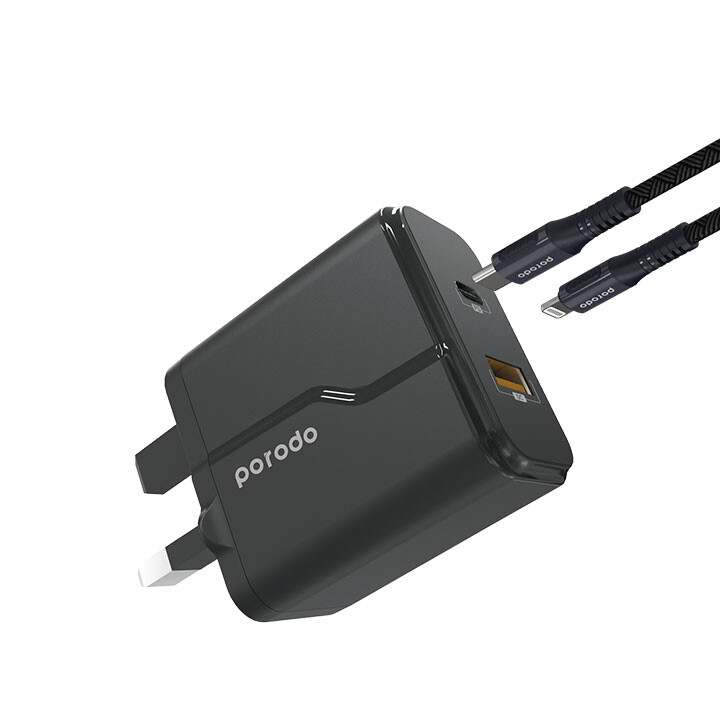 Porodo Wall Charger Dual Port PD 18W + QC3.0 with Braided Type-C to Lightning PD Cable 1.2m