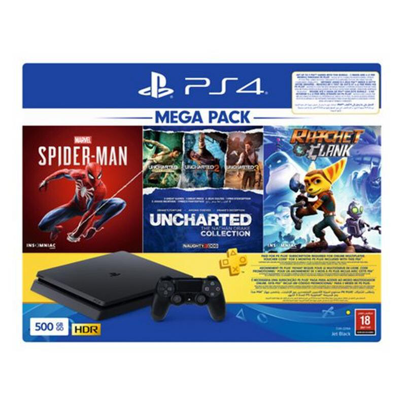 PS4 500GB Mega Pack Bundle with 3 Games (Spider Man+Uncharted Collection+Ratchet &amp; Clank)