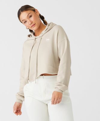 Cropped Fleece Hoodie, Beige