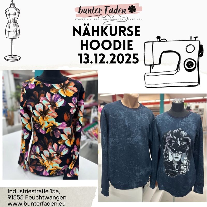 Nähkurs Samstag 13.12.2025/ 9:00 - 13:00 Uhr / HOODIE Mix & Match - Frauen/Kinder/Männer