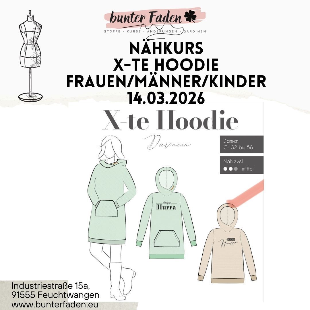 Nähkurs Samstag 14.03.2026/ 9:00 - 14:00 Uhr / X-te Hoodie- Frauen/Kinder/Männer