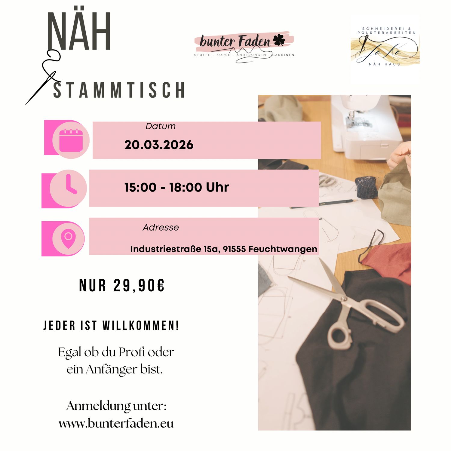 Nähstammtisch am Freitag 20.03.2026 / 15.00 - 18.00 Uhr Nähstammtisch am Freitag 20.03.2026 / 15.00 - 18.00 Uhr