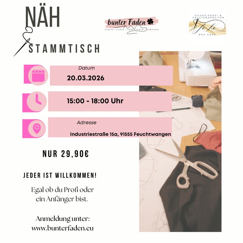 Nähstammtisch am Freitag 20.03.2026 / 15.00 - 18.00 Uhr Nähstammtisch am Freitag 20.03.2026 / 15.00 - 18.00 Uhr