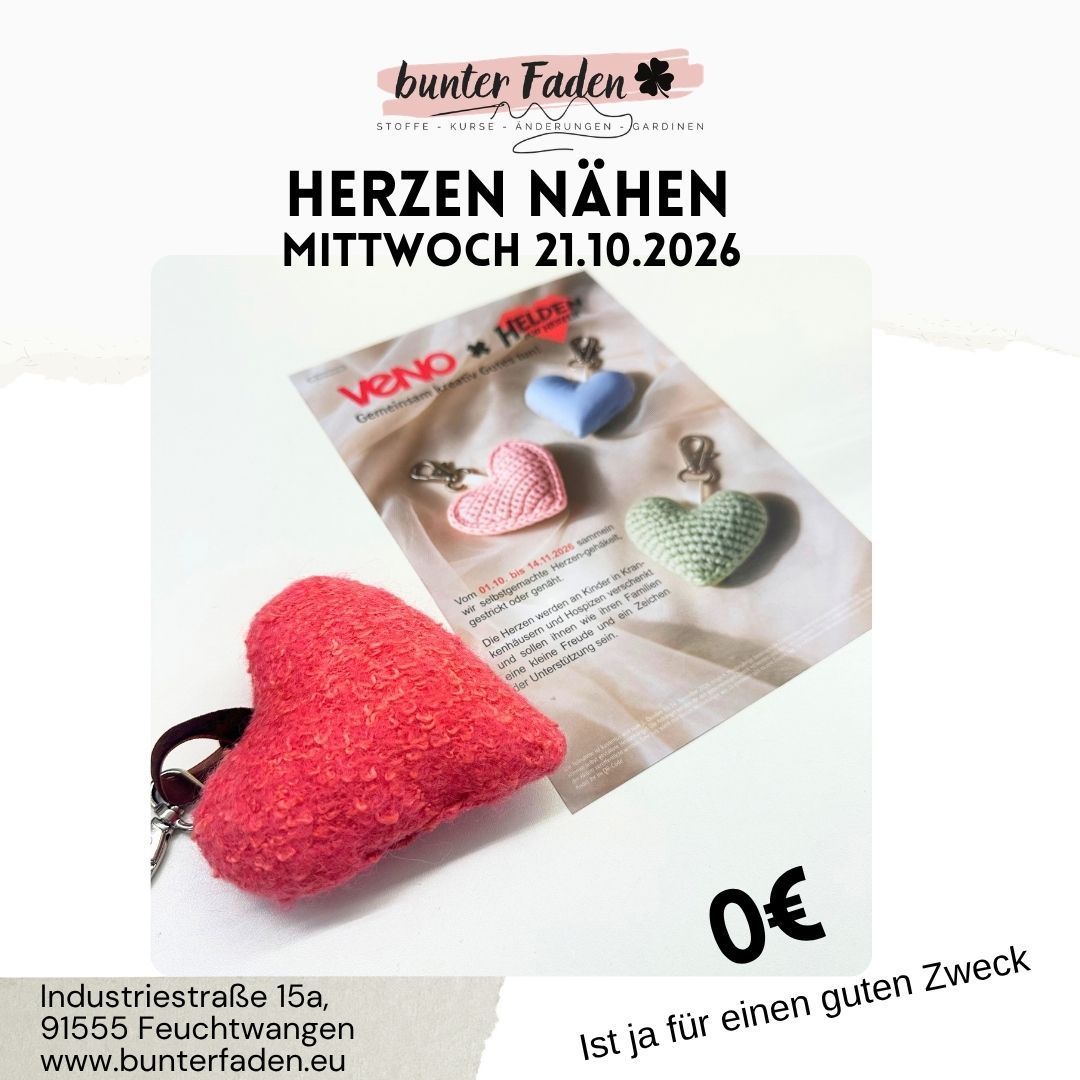 Herzen nähen für einen guten Zweck -Mittwoch, den 21.10.2026/14.30 - 18.00 Uhr Herzen nähen für einen guten Zweck -Mittwoch, den 21.10.2026/14.30 - 18.00 Uhr