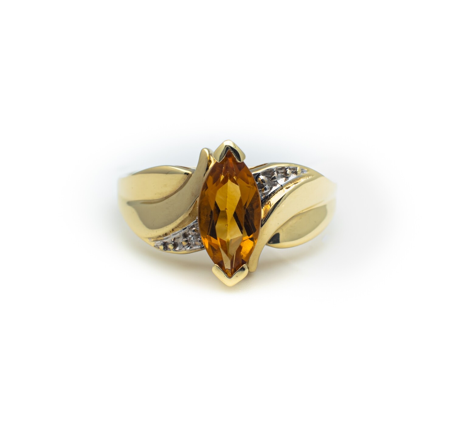 10k Gold Ring With Yellow Stone and Diamonds. SIZE-6.2